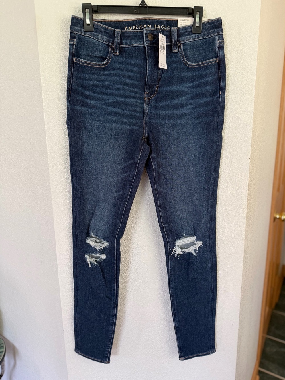 NWT American Eagle Dream Stretch High-Rise Jegging Distressed Dark Wash 10 Long